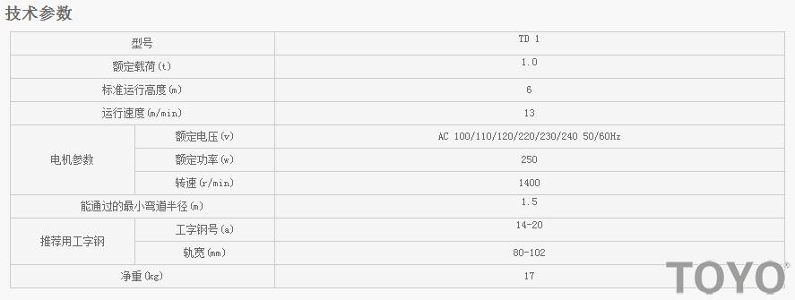 TD1型電動(dòng)行車技術(shù)參數(shù)